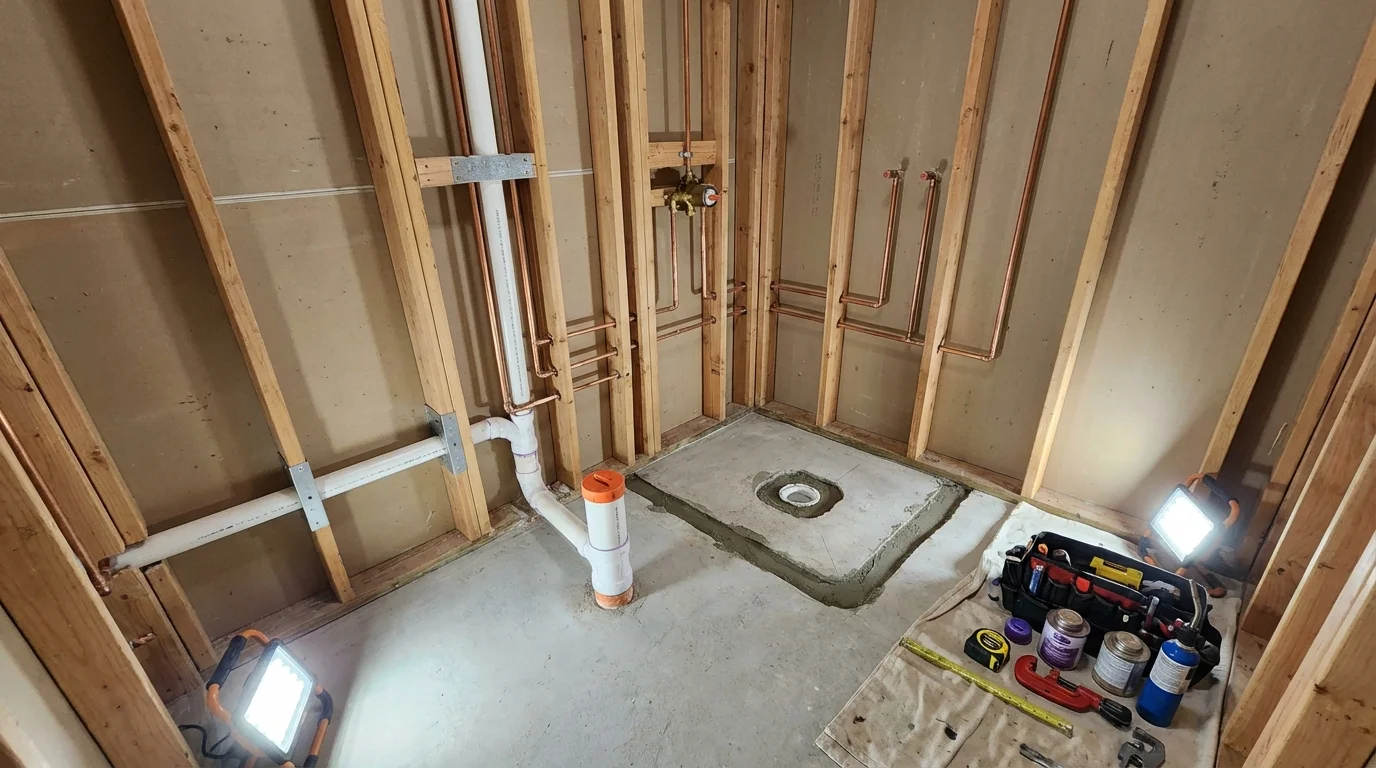 Bathroom rough-in plumbing during remodel by Johns Plumbing LLC in Whitesburg