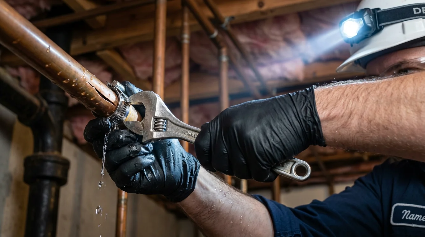 Emergency pipe clamp repair being performed by a Johns Plumbing LLC plumber in Whitesburg