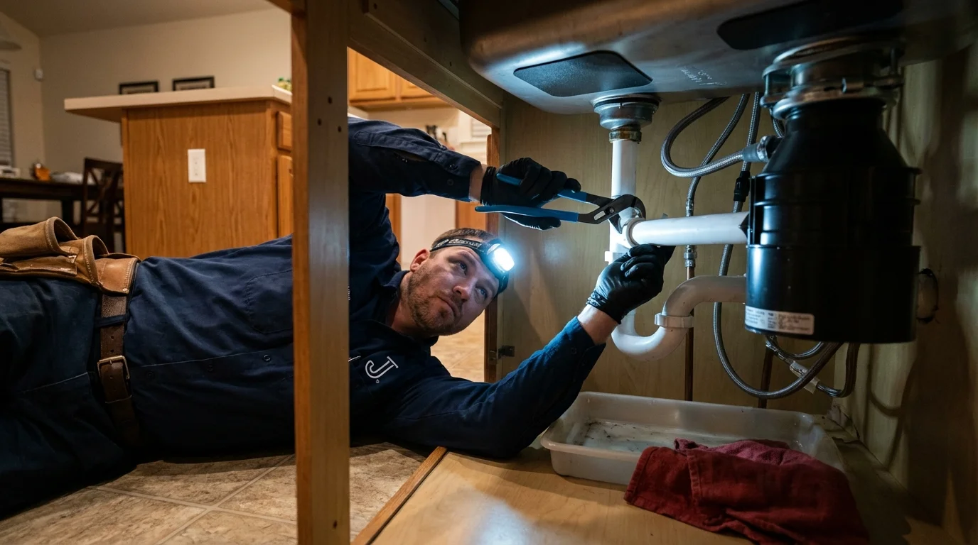 P-trap and supply line connections under a kitchen sink showing a common leak point in Whitesburg, KY